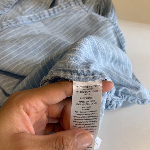 Faherty Shirt Womens S Small Linen Blend Breeze Stripe Button Cap Sleeve Cuffed - Picture 9 of 12